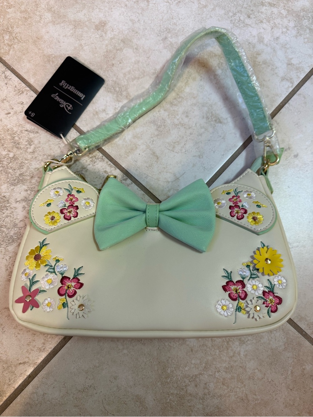 Loungefly Minnie Mouse Cream Crossbody Bag with Mint Bow and Floral Embroidery
